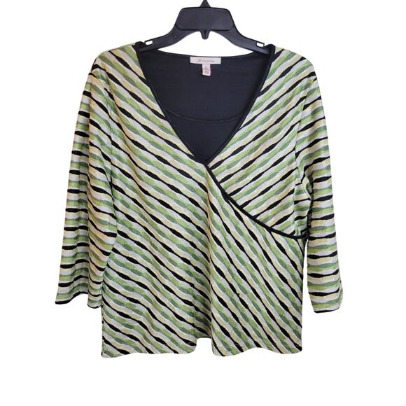 JM Collection Green Black Striped Lined Faux 3/4 Sleeve Top Women's Size XL - Picture 1 of 11